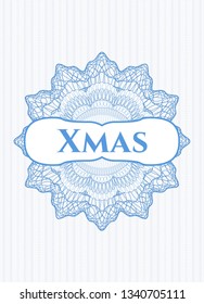 Light blue rosette or money style emblem with text Xmas inside