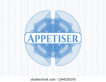 Light blue rosette (money style emblem) with text Appetiser inside