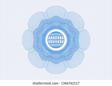 Light blue rosette (money style emblem) with globe, website icon inside