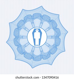 Light blue rosette or money style emblem with dead man in his coffin icon inside