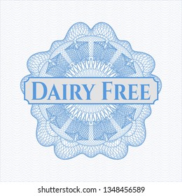 Light blue rosette or money style emblem with text Dairy Free inside