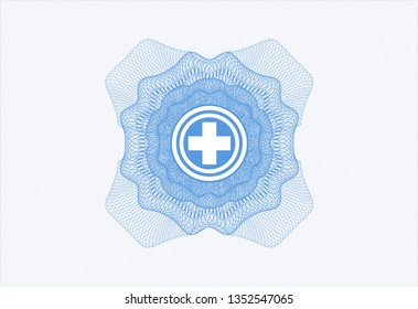 Light blue rosette (money style emblem) with medicine icon inside
