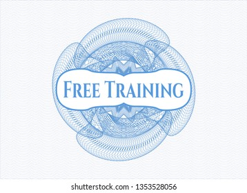 Light blue rosette or money style emblem with text Free Training inside