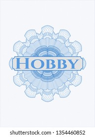 Light blue rosette or money style emblem with text Hobby inside