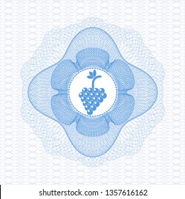Light blue rosette or money style emblem with bunch of grapes icon inside