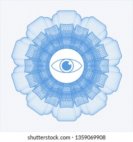 Light blue rosette or money style emblem with eye icon inside