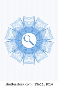 Light blue rosette (money style emblem) with magnifying glass icon inside