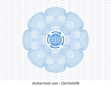 Light blue rosette or money style emblem with globalization icon inside