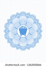 Light blue rosette (money style emblem) with Bitcoin mining trolley icon inside