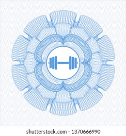 Light blue rosette (money style emblem) with dumbbell icon inside