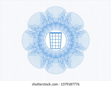 Light blue rosette (money style emblem) with wastepaper basket icon inside