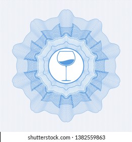 Light blue rosette (money style emblem) with wine cup icon inside