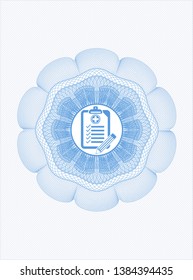 Light blue rosette (money style emblem) with clinic history icon inside