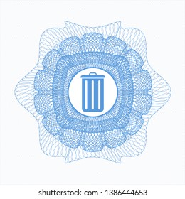 Light blue rosette or money style emblem with trash can icon inside