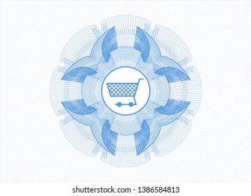 Light blue rosette (money style emblem) with shopping cart icon inside