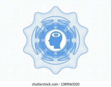 Light blue rosette or money style emblem with head with jigsaw puzzle piece icon inside