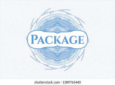 Light blue rosette or money style emblem with text Package inside