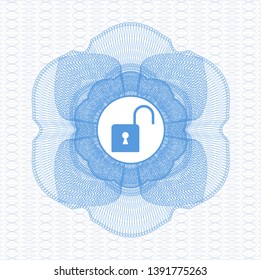 Light blue rosette (money style emblem) with open lock icon inside