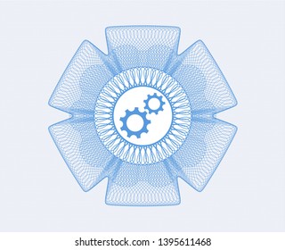 Light blue rosette or money style emblem with gear, team work icon inside