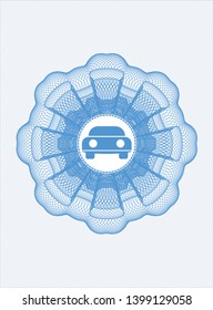Light blue rosette (money style emblem) with car seen from front icon inside