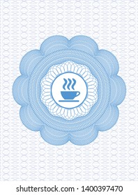 Light blue rosette or money style emblem with coffee cup icon inside
