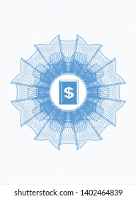 Light blue rosette (money style emblem) with book with money symbol inside icon inside