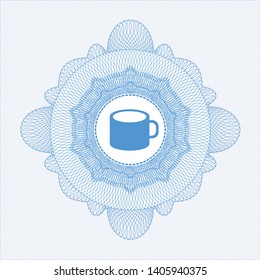 Light blue rosette (money style emblem) with coffee cup icon inside