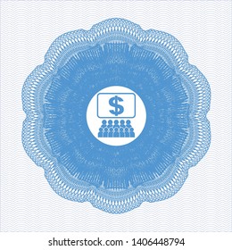 Light blue rosette (money style emblem) with business congress icon inside