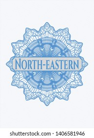 Light blue rosette or money style emblem with text North-eastern inside