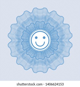 Light blue rosette (money style emblem) with happy face icon inside