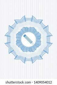 Light blue rosette or money style emblem with pencil icon inside