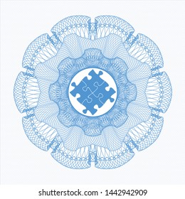Light blue rosette or money style emblem with solution icon inside