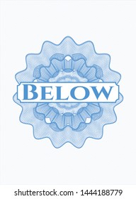 Light blue rosette or money style emblem with text Below inside