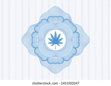 Light blue rosette or money style emblem with marijuana leaf, weed icon inside