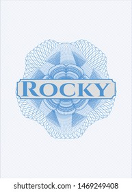 Light blue rosette or money style emblem with text Rocky inside
