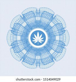 Light blue rosette or money style emblem with marijuana leaf icon inside