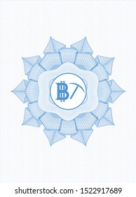 Light blue rosette (money style emblem) with bitcoin mining icon inside