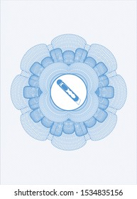 Light blue rosette or money style emblem with cutter icon inside