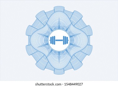 Light blue rosette or money style emblem with dumbbell icon inside