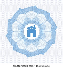 Light blue rosette or money style emblem with house icon inside