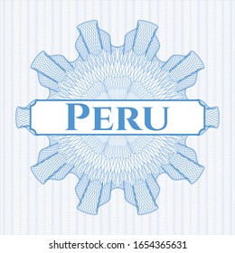 Light blue rosette (money style emblem) with text Peru inside