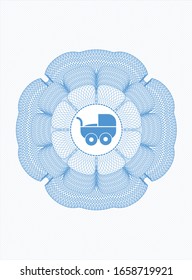Light blue rosette (money style emblem) with baby cart icon inside