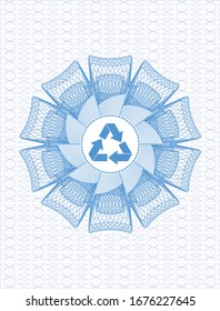 Light blue rosette or money style emblem with recycle icon inside