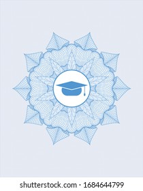 Light blue rosette or money style emblem with graduation cap icon inside