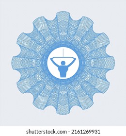 Light blue rosette or money style emblem. with lat pull down, exercise icon inside