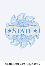 Light blue rosette (money style emblem) with text State inside