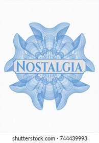 Light blue rosette or money style emblem with text Nostalgia inside