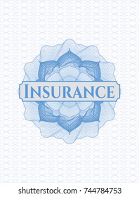 Light blue rosette (money style emblem) with text Insurance inside