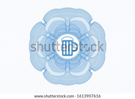 Light blue rosette (money style emblem) with beer jar icon inside