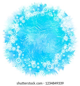 Light Blue Round Background with snowflakes. Frame of Falling white snowflakes. Snow background. Vector illustration.